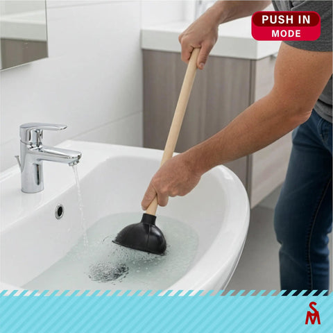Person using Beefy Heavy Duty Toilet Plunger With Solid Wood Handle And Double Thrust Rubber Cup in sink.