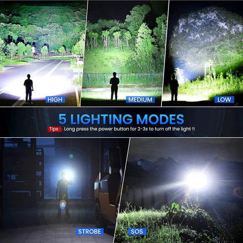 5 lighting modes of 3 Pack Rechargeable 99,000 Lumens LED Flashlights With Adjustable Focus And 5 Modes IPX7 Waterproof Beast Bright