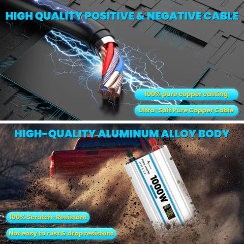 High quality copper cables and aluminum body of the 1000 Watt Car Power Inverter Flips 12 Volt Battery Juice straight into 110 Volt.
