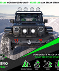Black off-road vehicle with 2 Pack D Ring Shackles Heavy Duty Three Quarter Inch Clevis Shackle With Seven Eighths Inch Pin 41,850 Lb Break Strength For Towing And Trail Ready Recovery Red Pairs With Tow Strap For Vehicle Recovery And Aftermarket Bumpers on bumper in snowy terrain