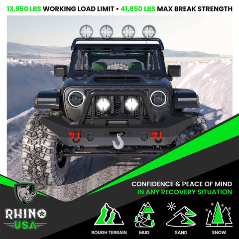 Black off-road vehicle with 2 Pack D Ring Shackles Heavy Duty Three Quarter Inch Clevis Shackle With Seven Eighths Inch Pin 41,850 Lb Break Strength For Towing And Trail Ready Recovery Red Pairs With Tow Strap For Vehicle Recovery And Aftermarket Bumpers on bumper in snowy terrain