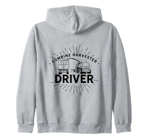 Back view of grey Harvester Driver Zip Hoodie With Threshing Harvesting Machine Design For Farmers And Farm Life Fans A Fun Gift