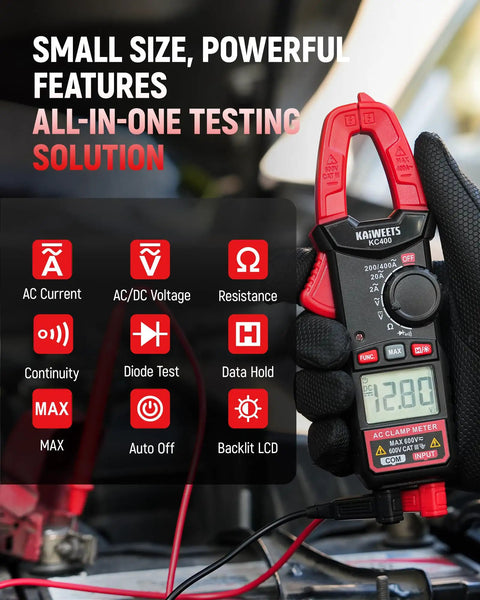 5 in 1 Digital Clamp Meter With Auto Ranging, 400A AC Current, 600V AC DC Voltage, Resistance, Continuity And Diode Testing, 2000 Count Resolution, Portable Pocket Sized Multimeter For Pros And DIY, red clamp meter