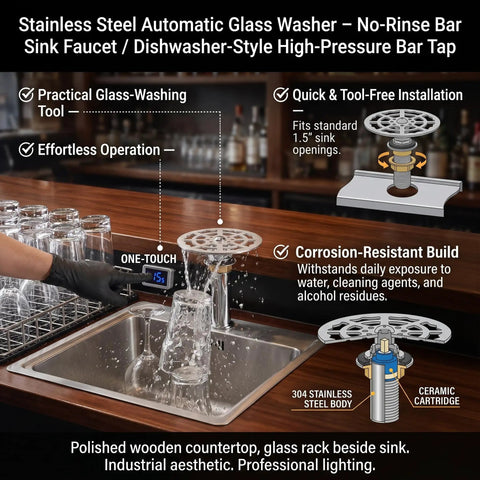 Automatic Glass Rinser And Cup Washer For Sink With 360 Degree Rotation Stainless Steel G One Half Attachment in use on sink