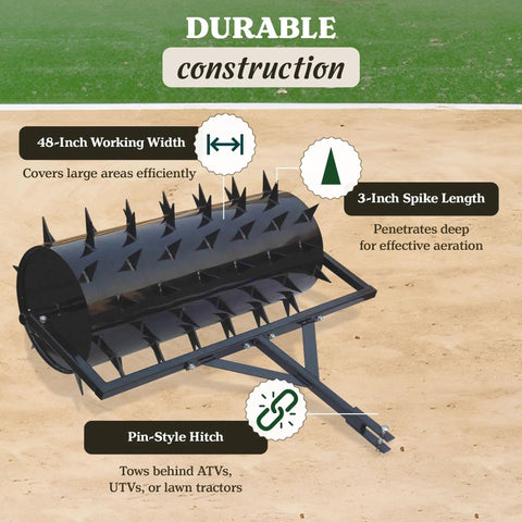 48 Inch Wide Drum Spike Aerator With Pin Style Hitch And Lawn Roller For Lawn, Garden, And Patio Care, Heavy Duty 108 Spike System