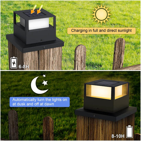 Six Pack Solar Post Lights For Wooden Posts And Fences, No Fuss 20 Lumen Warm White LED Waterproof Post Cap Lights with solar charge details