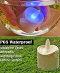 Flameless LED Candles With Remote Timer And Charging Station For Outdoor Use Rechargeable Waterproof RGB Tea Lights Delivering 60 Plus Hours Of Glow Colorful Candles For Valentines Day Halloween Christmas Home Party Decor 12 Pieces in water and rain, showcasing IP68 waterproof feature.