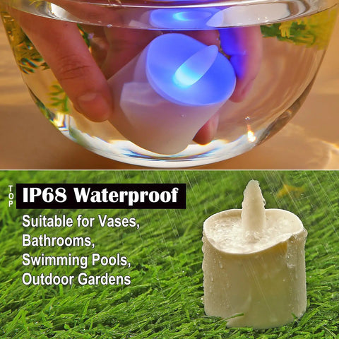 Flameless LED Candles With Remote Timer And Charging Station For Outdoor Use Rechargeable Waterproof RGB Tea Lights Delivering 60 Plus Hours Of Glow Colorful Candles For Valentines Day Halloween Christmas Home Party Decor 12 Pieces in water and rain, showcasing IP68 waterproof feature.