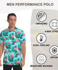 Fly Summer Golf Polo Shirt For Men Short Sleeve Quick Dry Moisture Wicking Stretch Fit featuring a vibrant flamingo print.