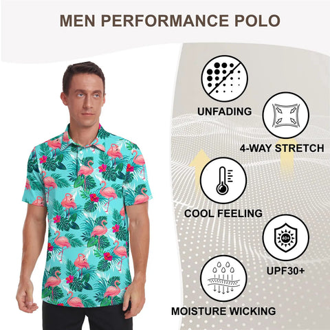 Fly Summer Golf Polo Shirt For Men Short Sleeve Quick Dry Moisture Wicking Stretch Fit featuring a vibrant flamingo print.