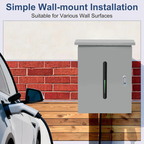 Heavy Duty Outdoor EV Charger Enclosure For Tesla Wall Plug With Secure Lock And Dual Cable Ports Weather Proof Shell mounted on a wall.