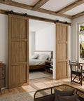 Heavy Duty Sliding Barn Door Hardware Kit With Black T Shaped Tracks For 33 Inch Wide Double Doors in a modern living room