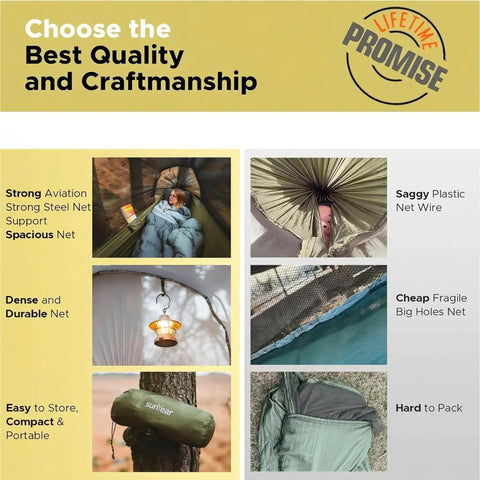 Comparison of strong steel net camping hammock tent with mosquito net vs saggy plastic net alternatives