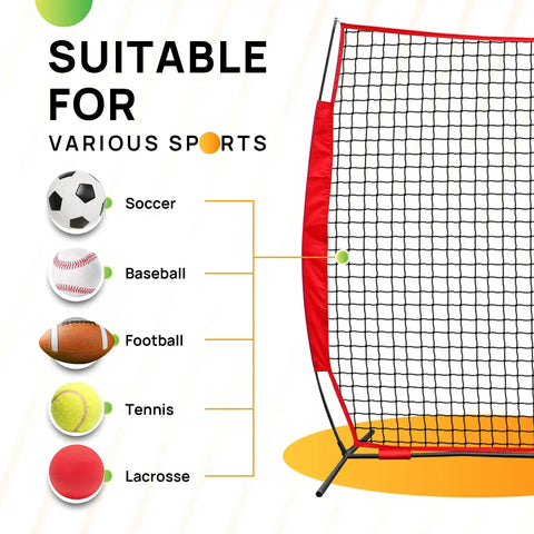 7x7 Ft Barricade Backstop Net for Baseball Softball Lacrosse Soccer Basketball Tennis, red multi-sport barrier with ball icons.