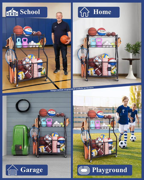 Heavy Duty Rolling Sports Equipment Organizer Rack With Wheels For Garage And Home Gym Keeps Balls Gear Bins Baskets And Hooks In One Sturdy Steel Cart For Basketball Soccer Baseball And More in various locations