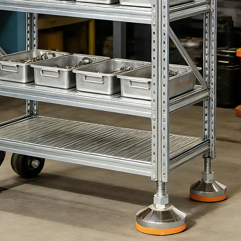 Heavy Duty M12x50 Leveling Feet Two Pack For Tables Workbenches Cabinets And Machines 2200 Lb Capacity 2.32 Inch Anti Slip Base Adjustable Swivel Glides Rubber Feet Levelers installed on metal shelving unit