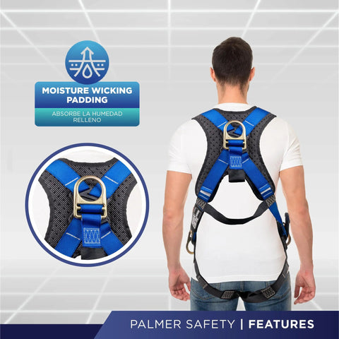 Back view of Fall Protection Five Point Safety Harness with Dorsal D Ring and Quick Connect Buckle in blue