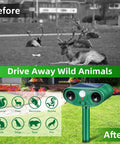 Solar Powered Ultrasonic Deer And Animal Repellent For Yard And Garden Motion Activated Deterrent With 120 Degree PIR Sensor Scares Deer Squirrels Raccoons Rabbits Skunks Dogs In Outdoor Spaces Four Pack