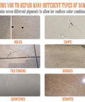 Ceramic Tile Repair Kit for Chips and Cracks Color Matched Porcelain Tile Repair Filler with examples of holes and cracks.