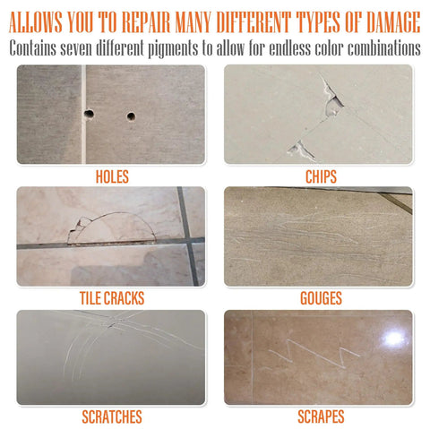 Ceramic Tile Repair Kit for Chips and Cracks Color Matched Porcelain Tile Repair Filler with examples of holes and cracks.