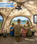 Chillin Portable Ceiling Fan With Remote For Indoor Outdoor Use, installed in camping tent with family sitting inside.