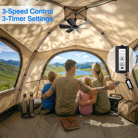 Chillin Portable Ceiling Fan With Remote For Indoor Outdoor Use, installed in camping tent with family sitting inside.