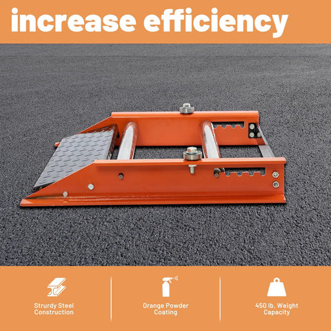 Heavy Duty Cable Roller Stand With 28-Inch Reel Capacity, single reel dispenser on asphalt, orange powder-coated steel frame.