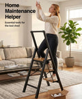 Three Step Folding Ladder With Anti Slip Wide Pedals And Handgrip, Aluminum Lightweight Steel Frame, 330 Lb Capacity For Home And Office, Black Woodgrain Finish, woman changing bulb