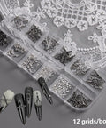 3D Metal Punk Nail Charms Set With Belt Spikes Rivets And Gothic Cross Studs In Silver Black White Mixed Sizes For Dope DIY Manicure Long Lasting Alloy Nail Art Accessories For Women, 12-grid box