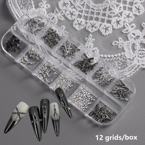 3D Metal Punk Nail Charms Set With Belt Spikes Rivets And Gothic Cross Studs In Silver Black White Mixed Sizes For Dope DIY Manicure Long Lasting Alloy Nail Art Accessories For Women, 12-grid box