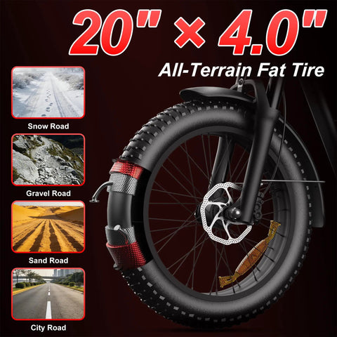 1000W High Torque Electric Bike For Adults 35 MPH Fast Ebike With Beast Mode Power Rapid Acceleration Crush 30 Degree Hills Durable Frame For Commuting Rides And Weekend Adventures. 20x4.0 all-terrain fat tire for snow, gravel, sand, and city roads