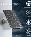 Outdoor Solar Panel Charger For Security Cameras, 3W USB C And Micro USB Ports on wall, wet with rain droplets, showing durability.