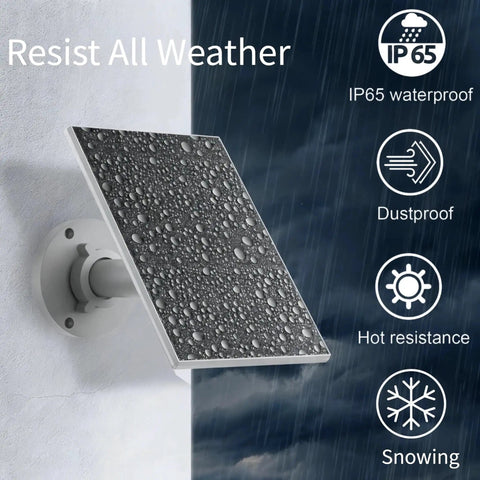 Outdoor Solar Panel Charger For Security Cameras, 3W USB C And Micro USB Ports on wall, wet with rain droplets, showing durability.