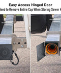 Aluminum RV Bumper End Cap 2 Pack For 4x4 Square Camper Bumpers with hinged sewer hose storage cover shown open and closed