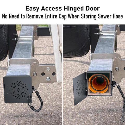 Aluminum RV Bumper End Cap 2 Pack For 4x4 Square Camper Bumpers with hinged sewer hose storage cover shown open and closed