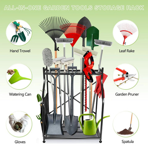 Garden Tool Storage Rack For Garage And Yard Heavy Duty Alloy Steel And Plastic Construction 28 Inch Long By 15 Inch Wide
