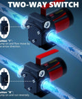 Image showing the two-way switch feature of the 12V DC Gasoline Fuel Transfer Pump Kit With Self Priming And Reversible Pumping For Gasoline Diesel Mineral Oil And Kerosene Includes Hoses Connectors Filter Nozzle PTFE Tape Overheat Protection Explosion Proof Safe And Easy Diy Install.