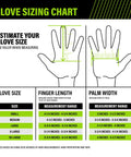 Glove sizing chart with measurements for finger length and palm width for Tough As Nails Fingerless Work Gloves.