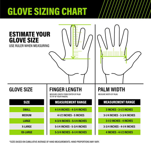 Glove sizing chart with measurements for finger length and palm width for Tough As Nails Fingerless Work Gloves.