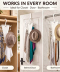 Double Sided Closet Hanger With 360 Degree Slick Spin High Capacity Rotating Rack Featuring Twelve Tangle Free Hooks To Keep Your Favorite Threads On Point And Maximize Storage Space Pack Of Four displayed with scarves and hats in closet and bathroom.