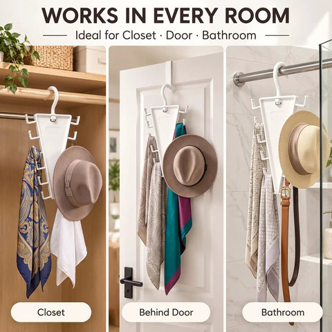 Double Sided Closet Hanger With 360 Degree Slick Spin High Capacity Rotating Rack Featuring Twelve Tangle Free Hooks To Keep Your Favorite Threads On Point And Maximize Storage Space Pack Of Four displayed with scarves and hats in closet and bathroom.