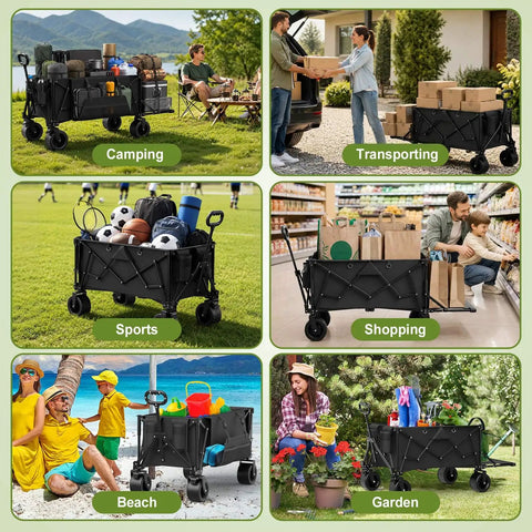 Beefy 49 Inch Folding Wagon Cart Heavy Duty 900 Lb Capacity shown in various uses like camping, sports, shopping, beach, and gardening