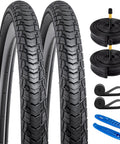 2-Pack 700C Gravel Bike Tire Set with Schrader Tubes and 2 Rim Strips, grippy block tread, visible tire levers.