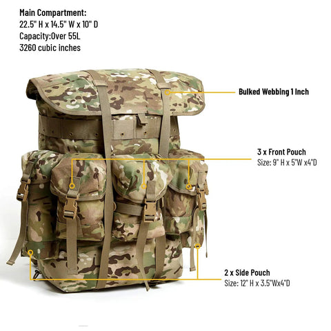 Beefed Up Military Alice Pack Rucksack Backpack For Survival 50 Liter Tactical Gear With 1000D Waterproof Oxford Fabric, 3 Front Pockets