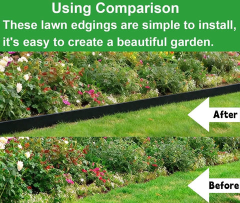 Comparison image showing After and Before using Landscape Edging Kit 49 Feet Long With 3 Inch Height Includes 75 Metal Stakes Flexible Plastic Lawn Border For Flower Beds Yard Pathways And Trees No Fuss Tool Free Install Durable Sunlight Resistant Edging