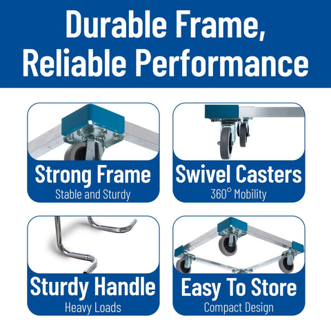 Aluminum Dishwashing Racks Dolly With Handle For Kitchens And Restaurants, 20.63 By 20.63 Inch Base, 36.5 Inch Tall, Holds 19.75 Inch Square Glass Racks, Blue, Four Inch Non Marking Casters, 300 Pound Capacity, BPA Free And Easy To Clean