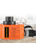 Front view of orange Bonvoisin 10T hydraulic cylinder jack with black top and threaded outlet.