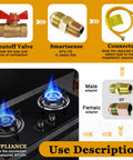 Visual guide showing shutoff valve, connectors, adapters, and gas stove with flames in Flexible Gas Line Kit For Dryer Stove And Range.