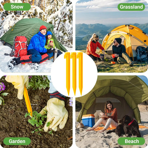 Heavy Duty 9 Inch Plastic Tent Stakes 10 Pack used in snow, grassland, garden, and beach for tents and canopies.