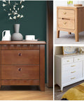 Variety of dressers with brass round antique style cabinet knobs set for kitchen cupboard doors, drawers, easy install knobs